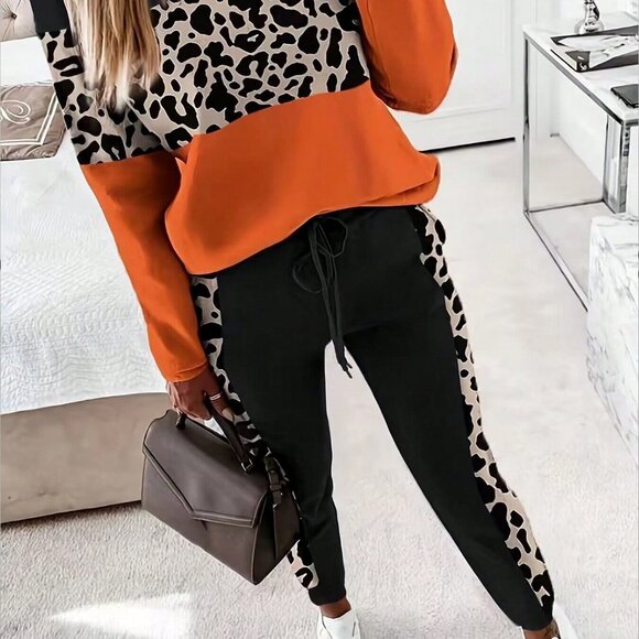 Black Casual Women's Leopard Print Top and Pants Set - Picture 3 of 5